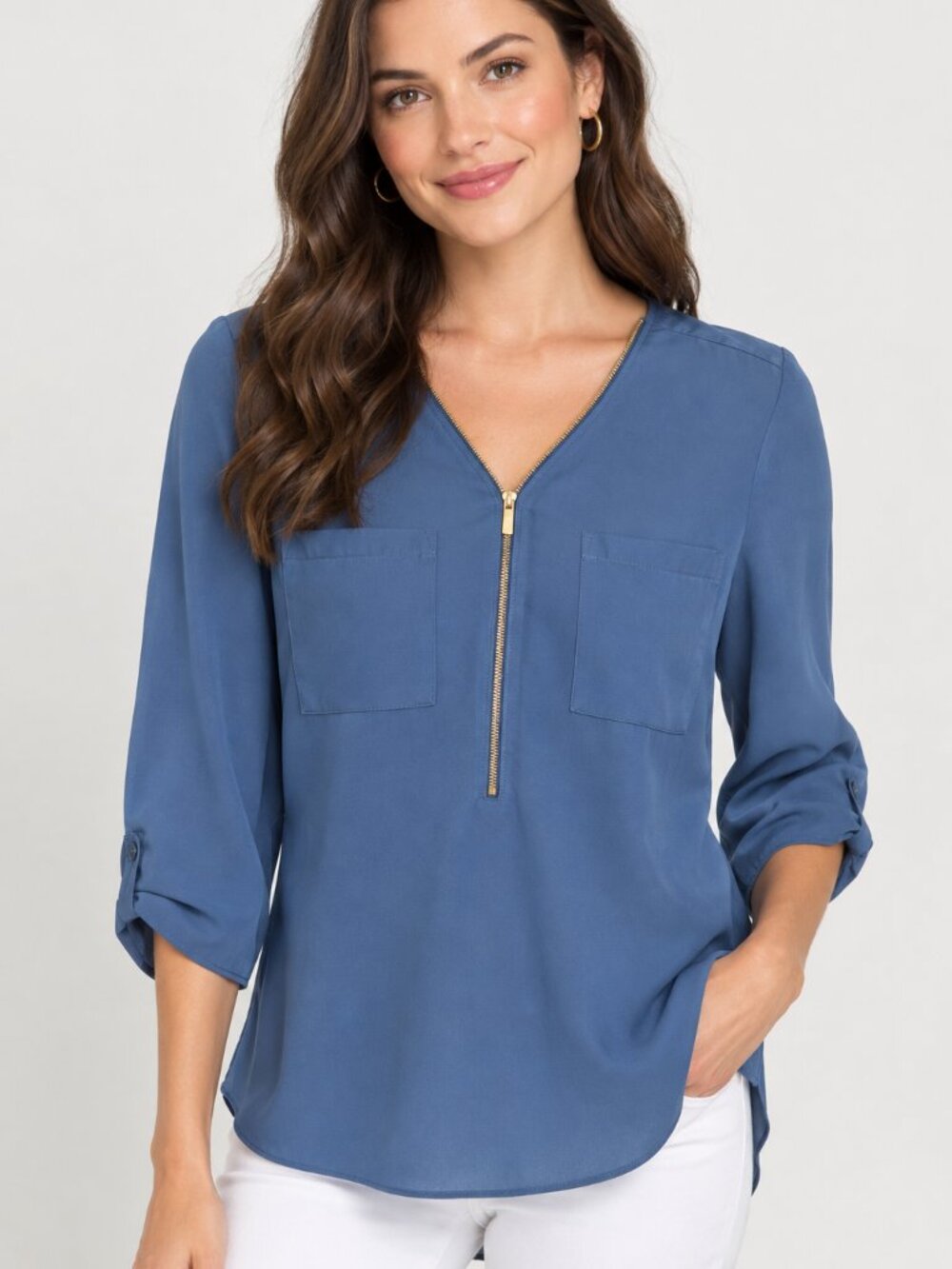 Zac & Rachel Blue Zip-Front V-Neck Blouse Size Small
